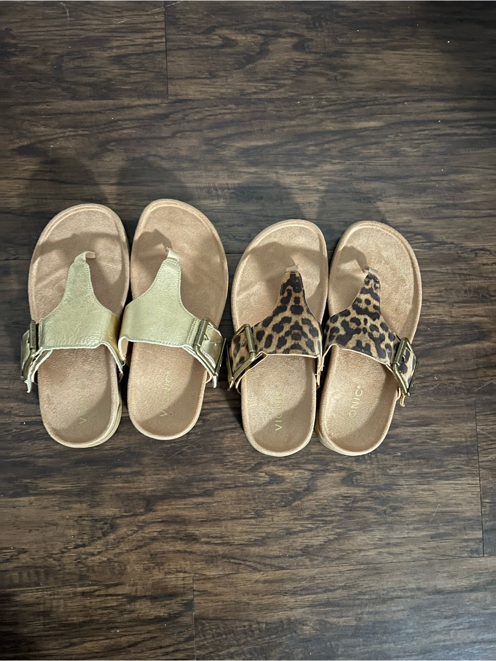 Vionic Metallic Gold and Leopard Print Thong Sandals
